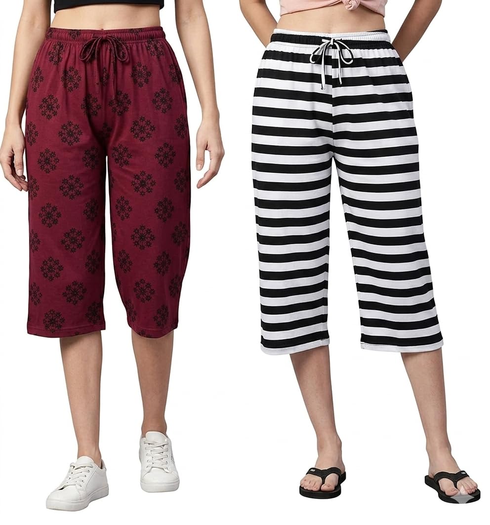 Women's Cotton Capri Pants,Drawstring Waist, Pack of 2 (Prints and Colors may Vary)-image-5