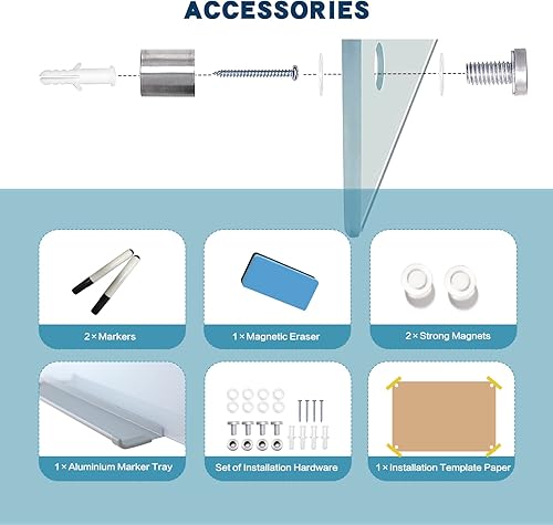 Miniatura 4 de Pizarra blanca magnética de cristal, 24 x 36 pulgadas, sin marco, pizarra blanca de borrado en seco, superficie montada en la pared para oficina,