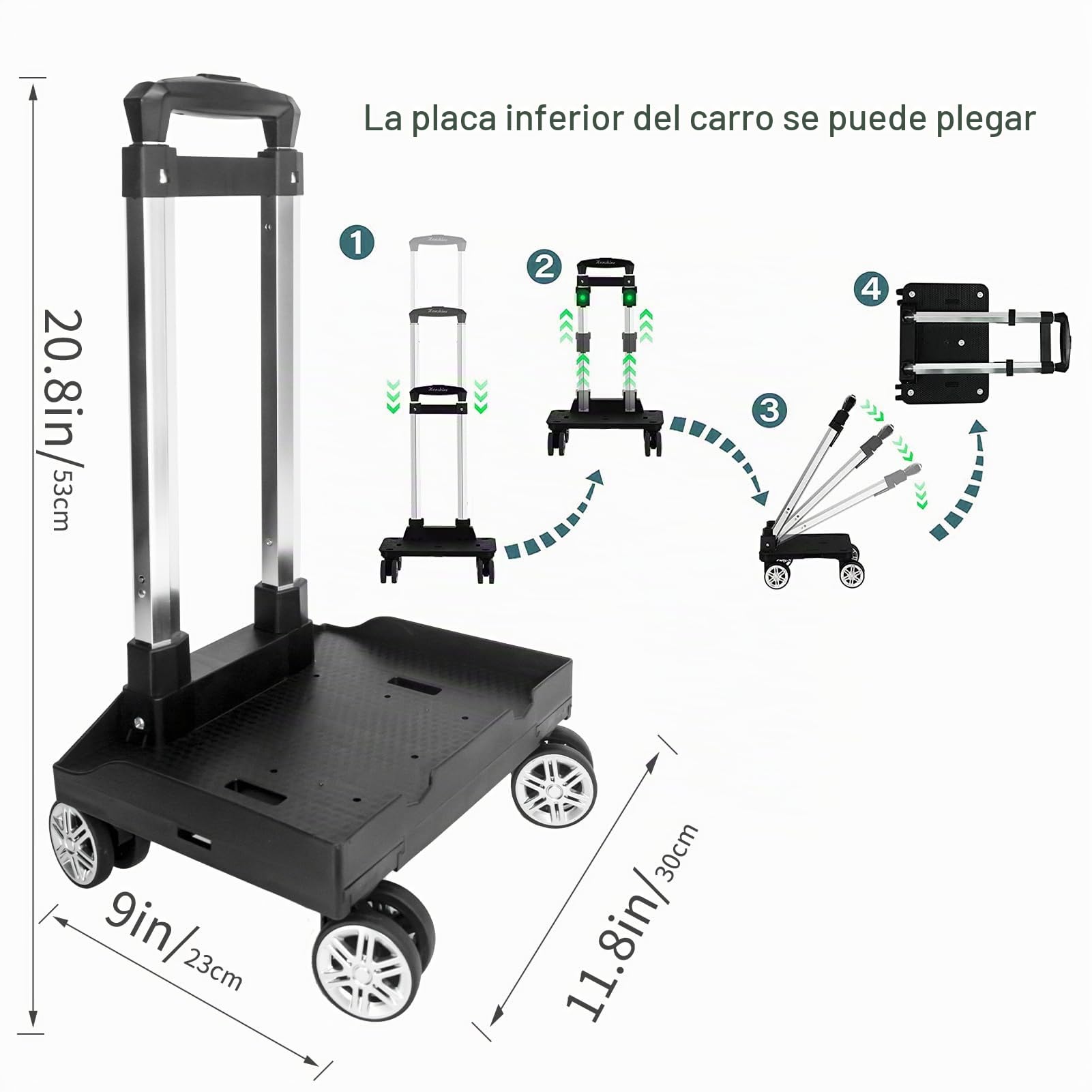 Carro de mochila con ruedas, carro de mano plegable de aleación de aluminio con base de borde, 4 ruedas, carrito de equipaje con correa de equipaje para niños, adolescentes, adultos, escuela, viajes