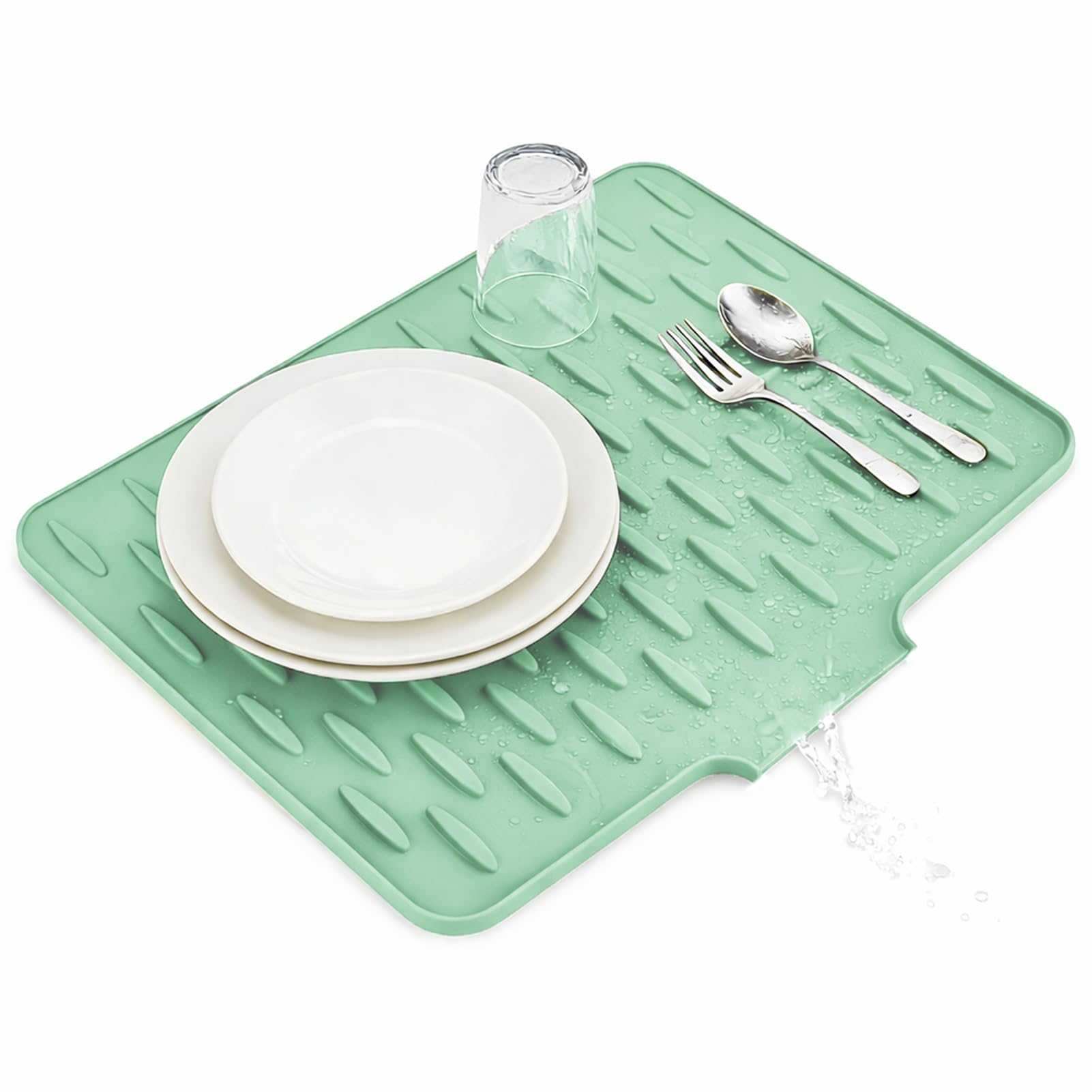 SOQKEEN Silicone Dish Drying Mat, Sloped Drainage 50x42cm, Light Green