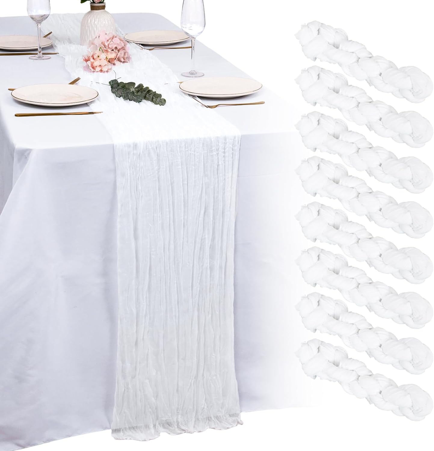 8 Pack Light Pink Cheesecloth Table Runners 21x120 Inch Boho Gauze Table Runner 10FT Long Rustic Sheer Pink Table Runner for Baby Shower,Wedding,Party,Birthday,Home Table Decor