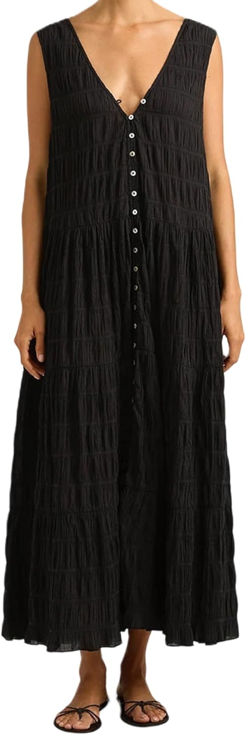 Women's Sleeveless Tank Long Dress Summer Solid Color Deep V Neck Button Pleated Dress Loose Beach Smocked Sundress