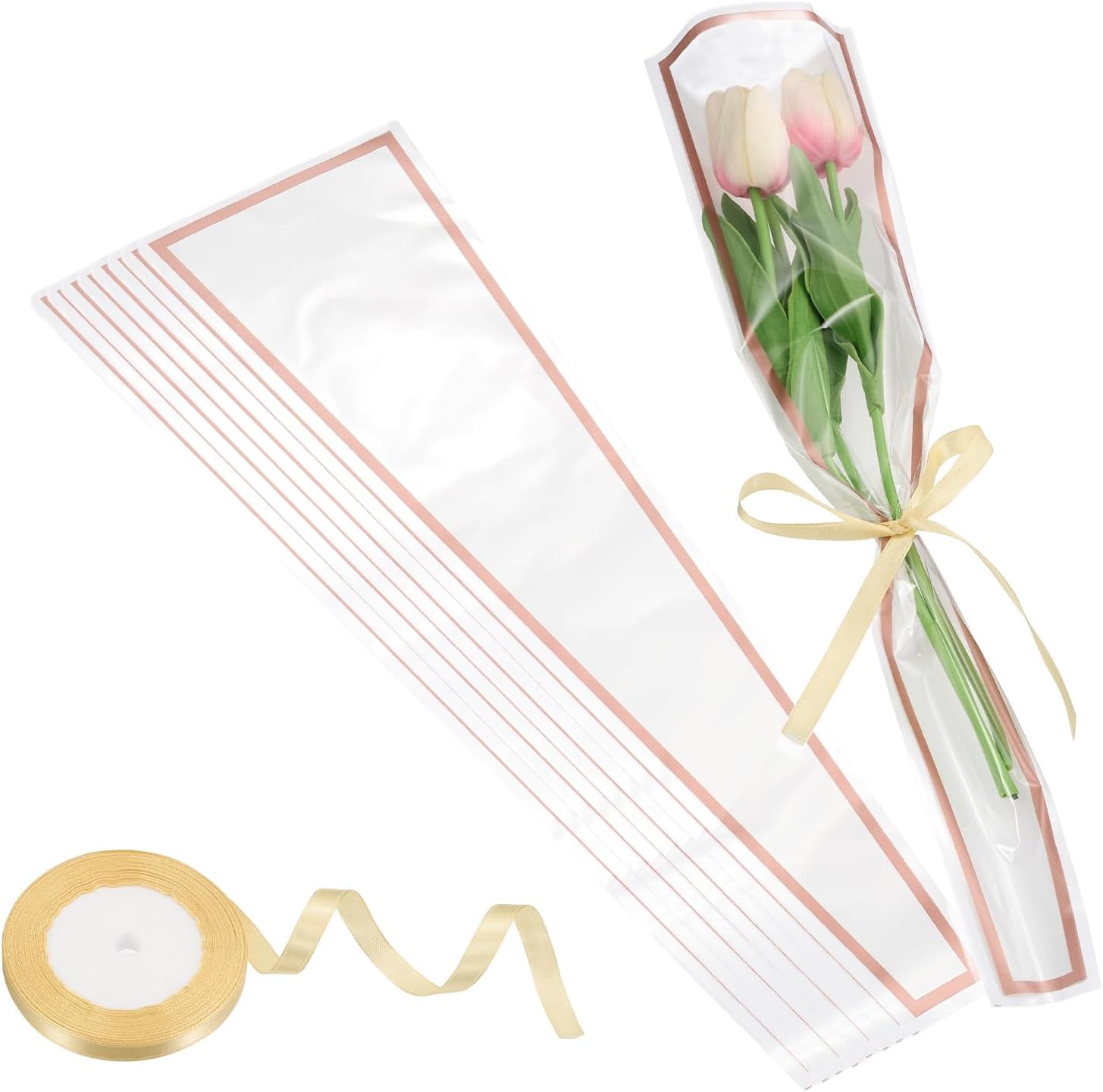 MECCANIXITY 50 Pcs Single Rose Flower Sleeves Bulk 17.5x5.1x1.6 Inch Floral Wrapping Paper Bags with Ribbons for Mother's Day Wedding Birthday Bouquet Graduation Gifts (Gray/Gold Tone)