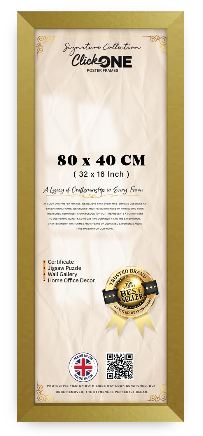 Click-One Gold Elegant Gallery Poster Frame 80 x 40cm Lightweight |Modern Sturdy & Durable with HD Perspex| Jigsaw Puzzle, Home Decor, Portrait & Horizontal Both-way Wall Mounting (Gold)