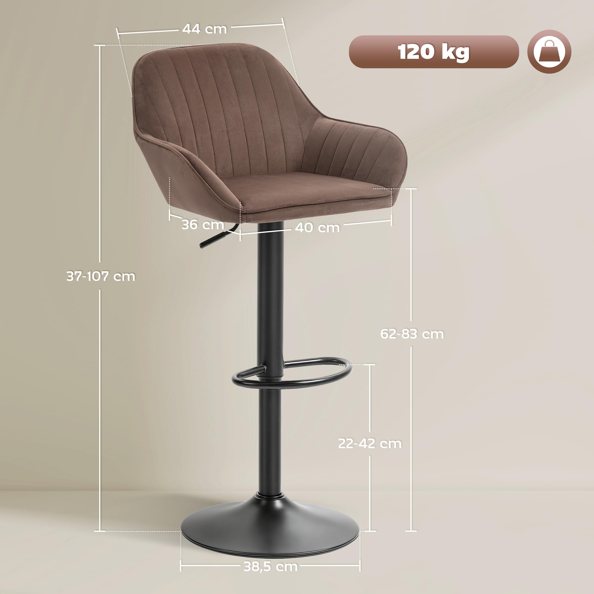 HOMCOM Juego de 2 Taburetes de Bar Giratorios Respaldo Marrón | Taburetes Altos de Cocina, Altura Ajustable 62-83 cm, Sillas Altas de Cocina, Tapizada en Terciopelo, Reposapiés