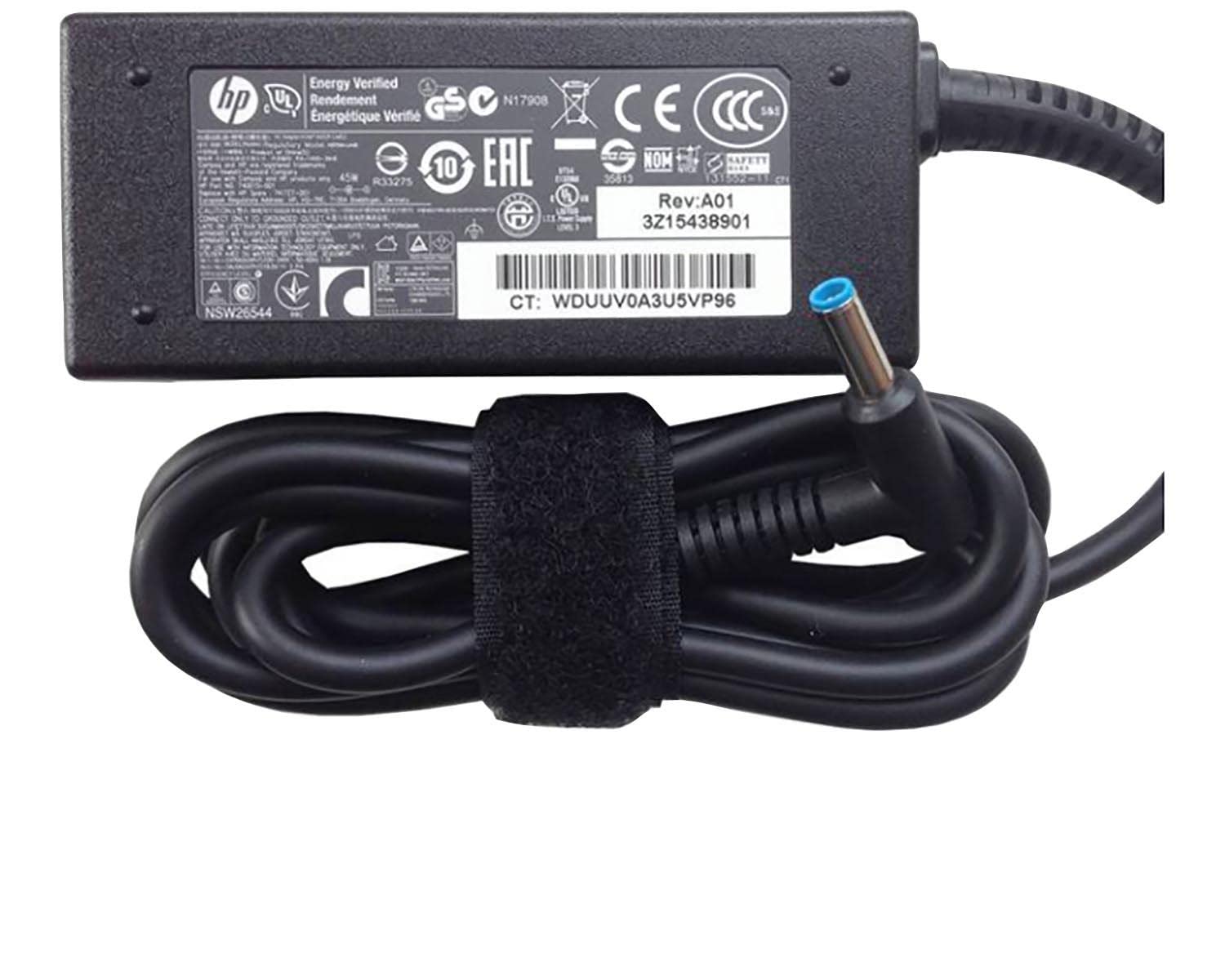 HP Adattatore Smart CA da 45 W, Compatibile con i Notebook HP Spectre, Elite e ProBook, Connettore Smart AC ad Angolo Retto da 4,5 mm a 7,4 mm, Lunghezza Cavo 180 cm, Nero