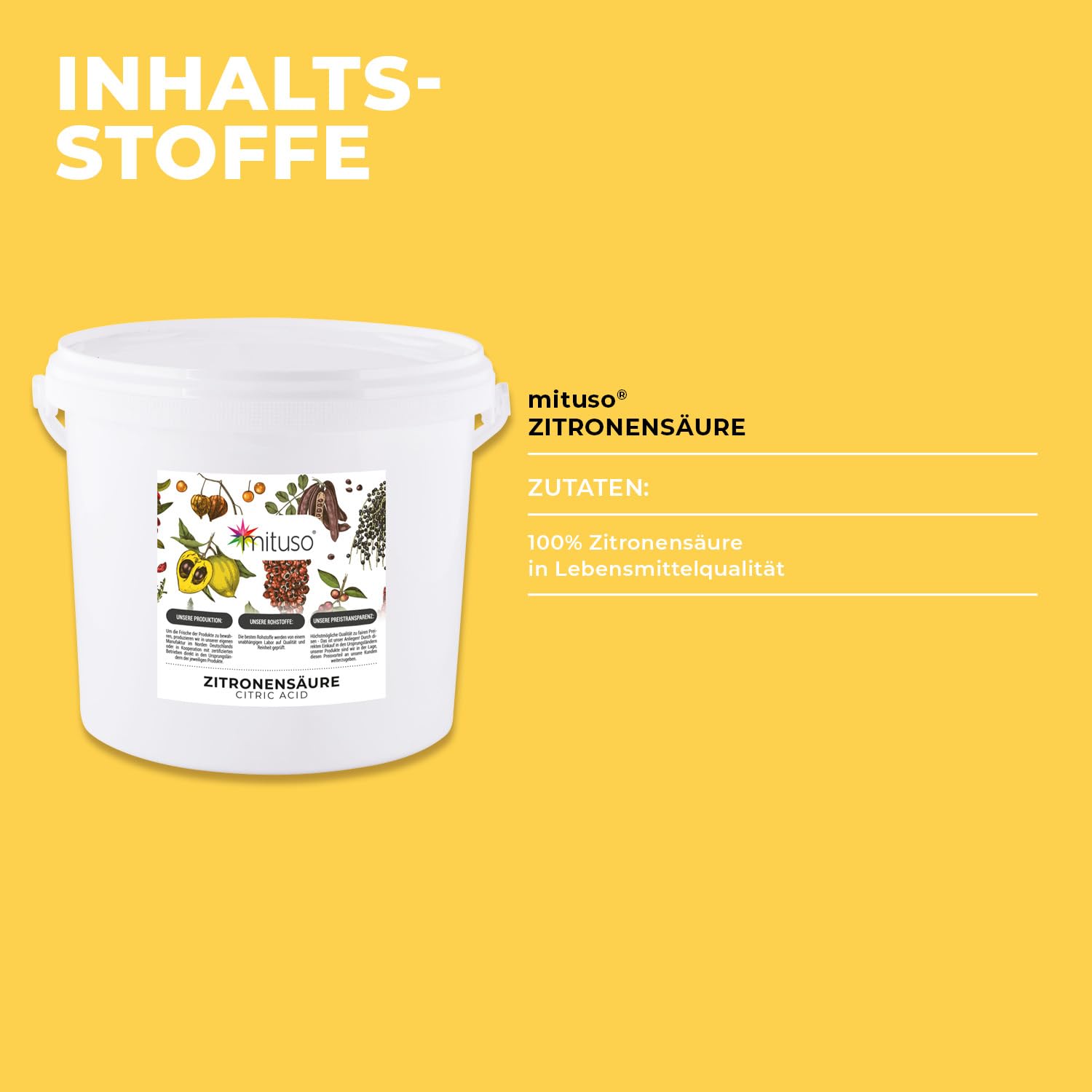 Zitronensäure Monohydrat Granulat 5kg | Lebensmittelqualität, reine Citronensäure E330 | gentechnikfrei, Säuerungsmittel ideal zum Entkalken, Reinigen, Putzen, Backen, Kochen - mituso