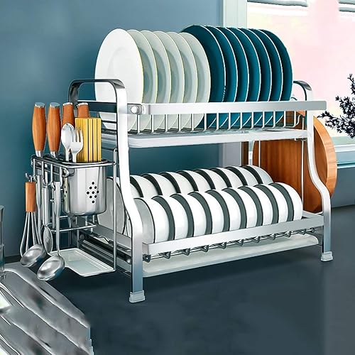 Miniatura 1 de Escurridor de platos de acero inoxidable 304, accesorios de cocina de 3 capas, estante de cubiertos de secado y lavado, 15.7 x 11.8 x 16.5in