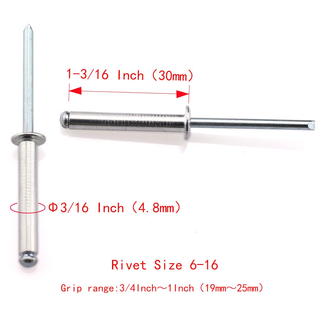 HJ Garden 60-Pack Aluminum Blind Rivets – 3/16" X 1-3/16" (4.8x30mm) Open End Pop Rivets, Grip Range 3/4"-1" (19-25mm)