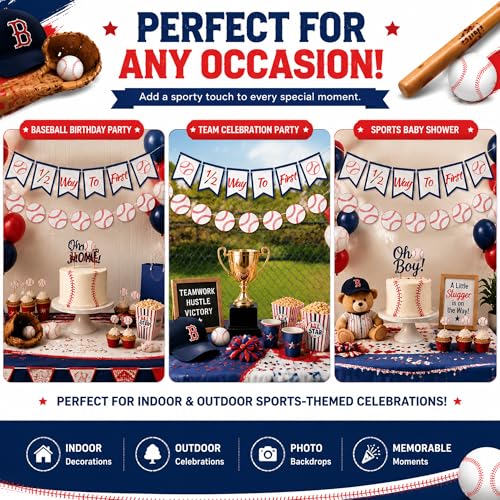 Image of Baseball 1 /2 Way to First Banner Half Birthday Party Decorations | Baseball Garland, Baseball Birthday Banner for High Chair Decorations, 6 Months Photo Shoot Props