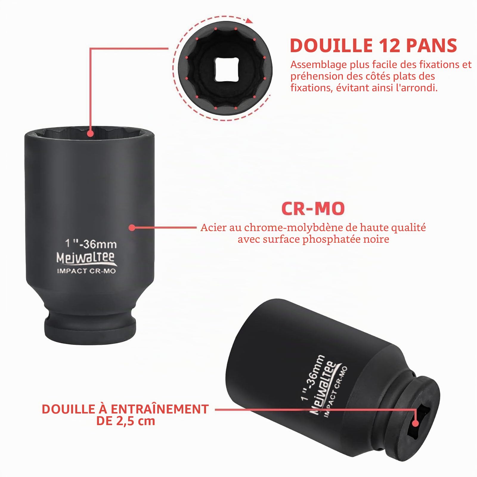 1" Jeu de douilles à choc | 90MM de profondeur |10-pièces assortiment jumbo profond douilles à choc tailles métriques 22-50MM | Design 12 points | Coffret métal | Acier Cr-Mo.
