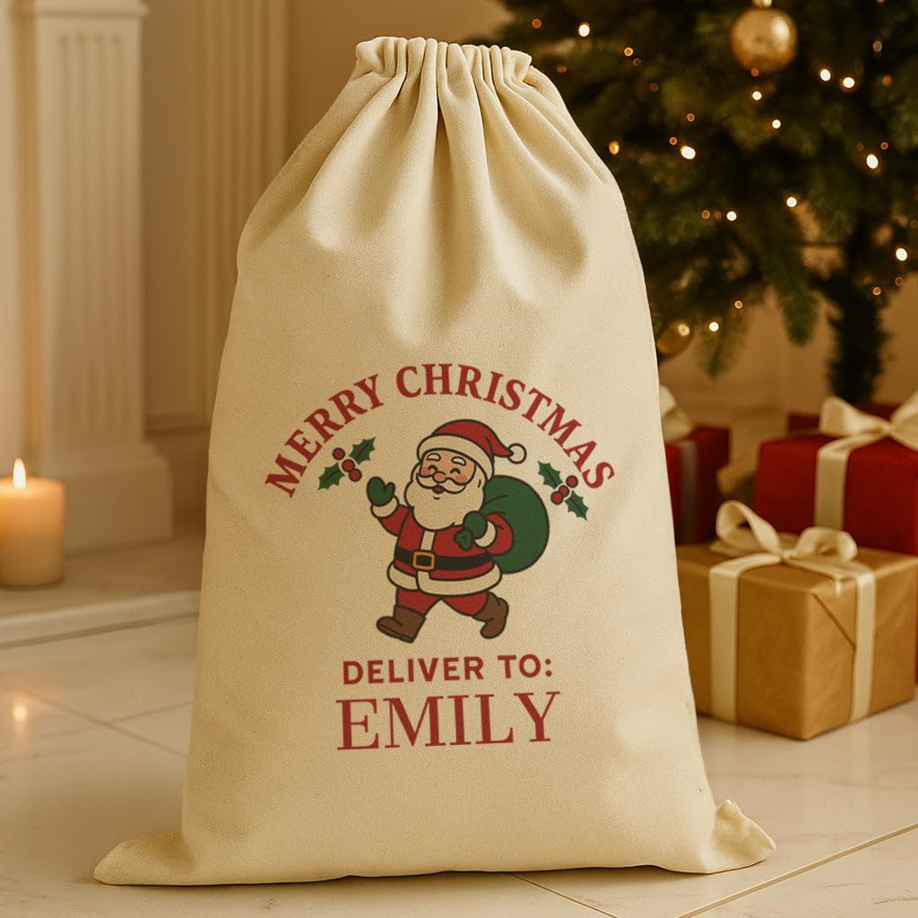 The Gift Project Biege Personalised Merry Christmas Deliver To - Christmas Santa Sack