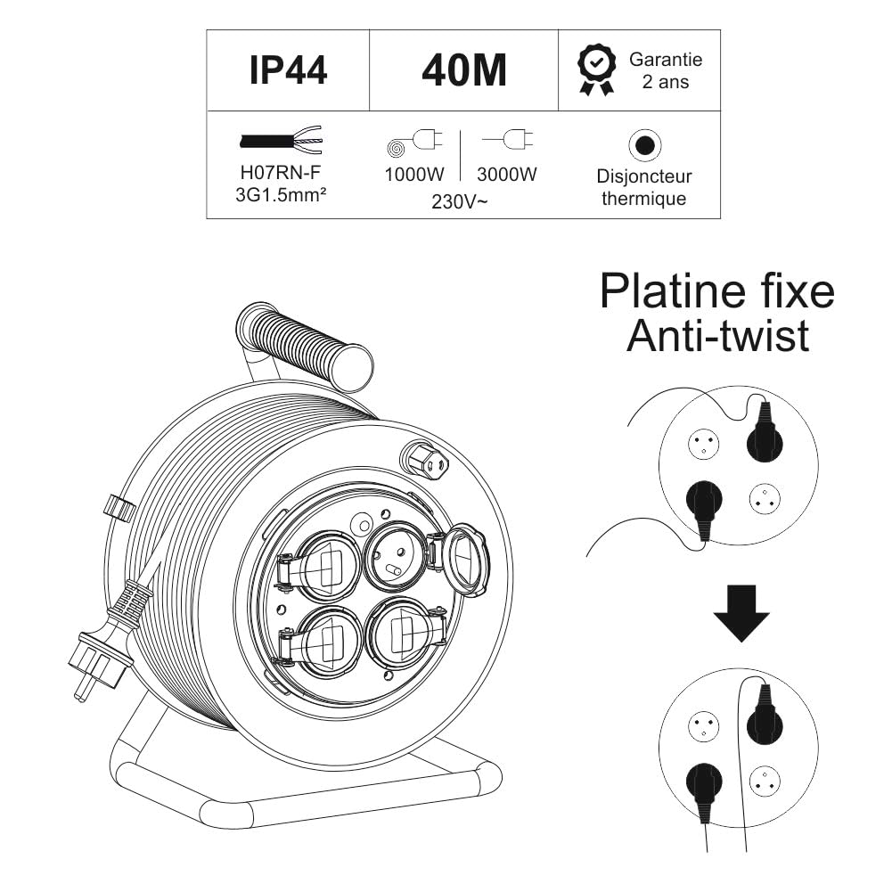 Enrouleur PRO de chantier 3G1.5 40m IP44 platine fixe (anti twist) - câble H07RN-F- 4 prises 16A - garantie 2 ans