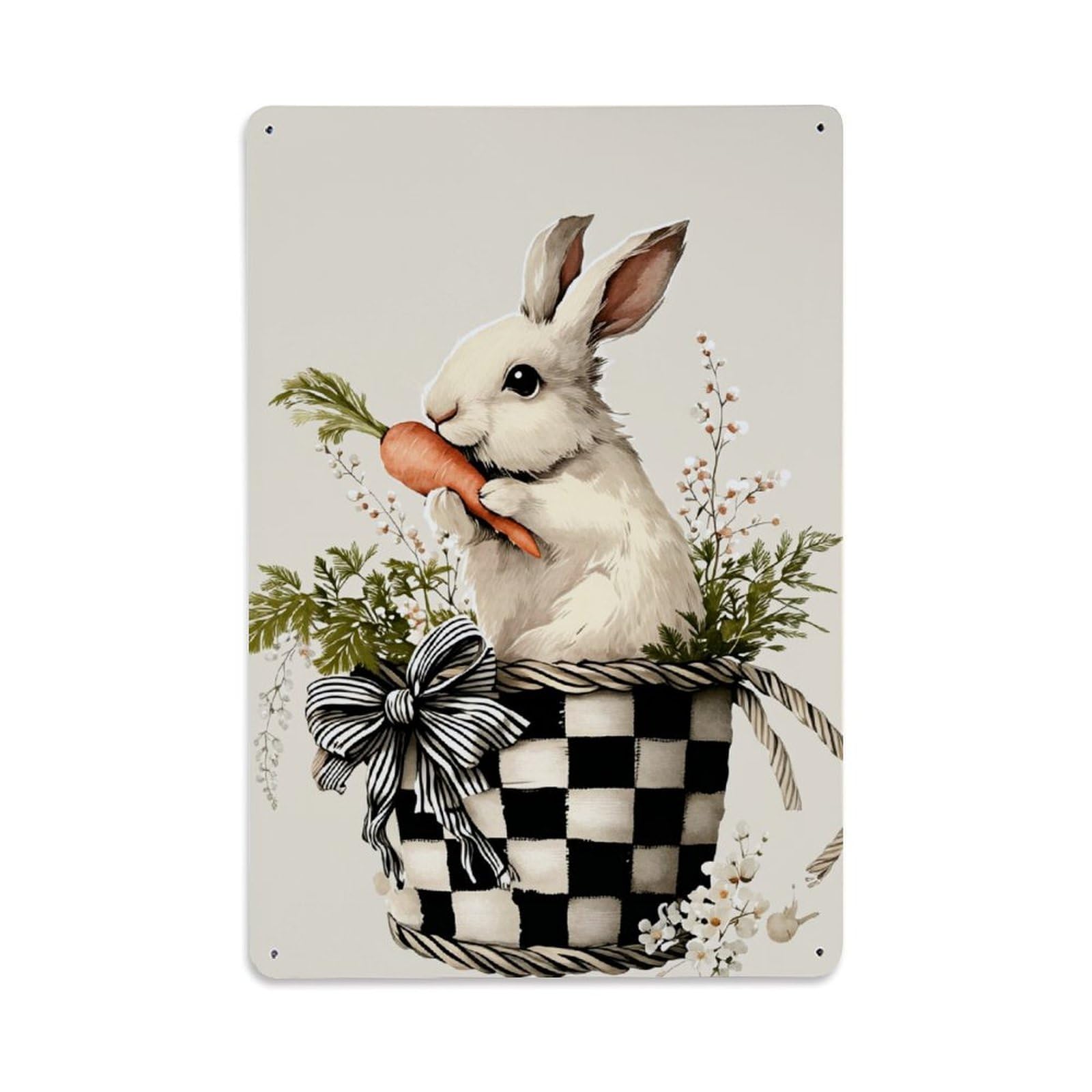 Enderetf Vintage Checkered Basket Bunny Carrot Flowers Tin Sign Metal Poster, Home Bar Garage Man Cave Cafe Indoor & Outdoor Wall Decoration 8X12inches