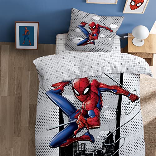 CTI Spiderman Hero Parure de Lit Enfant 140x200 cm | 100% Coton | Oeko-TEX | Housse de Couette Enfant 1 Personne 140x200 cm + 1 Taie d'oreiller 63x63 cm Imprimées Réversibles | Gris
