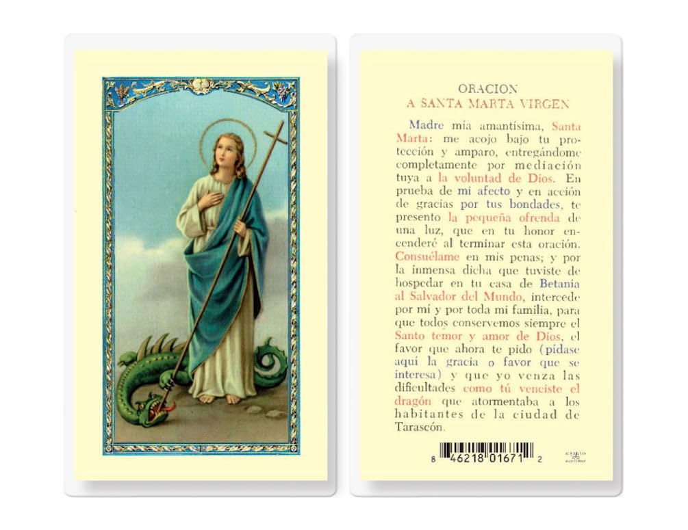 Oracion a Santa Marta Virgen, Estampas Sagradas Laminadas, Paquete de 25