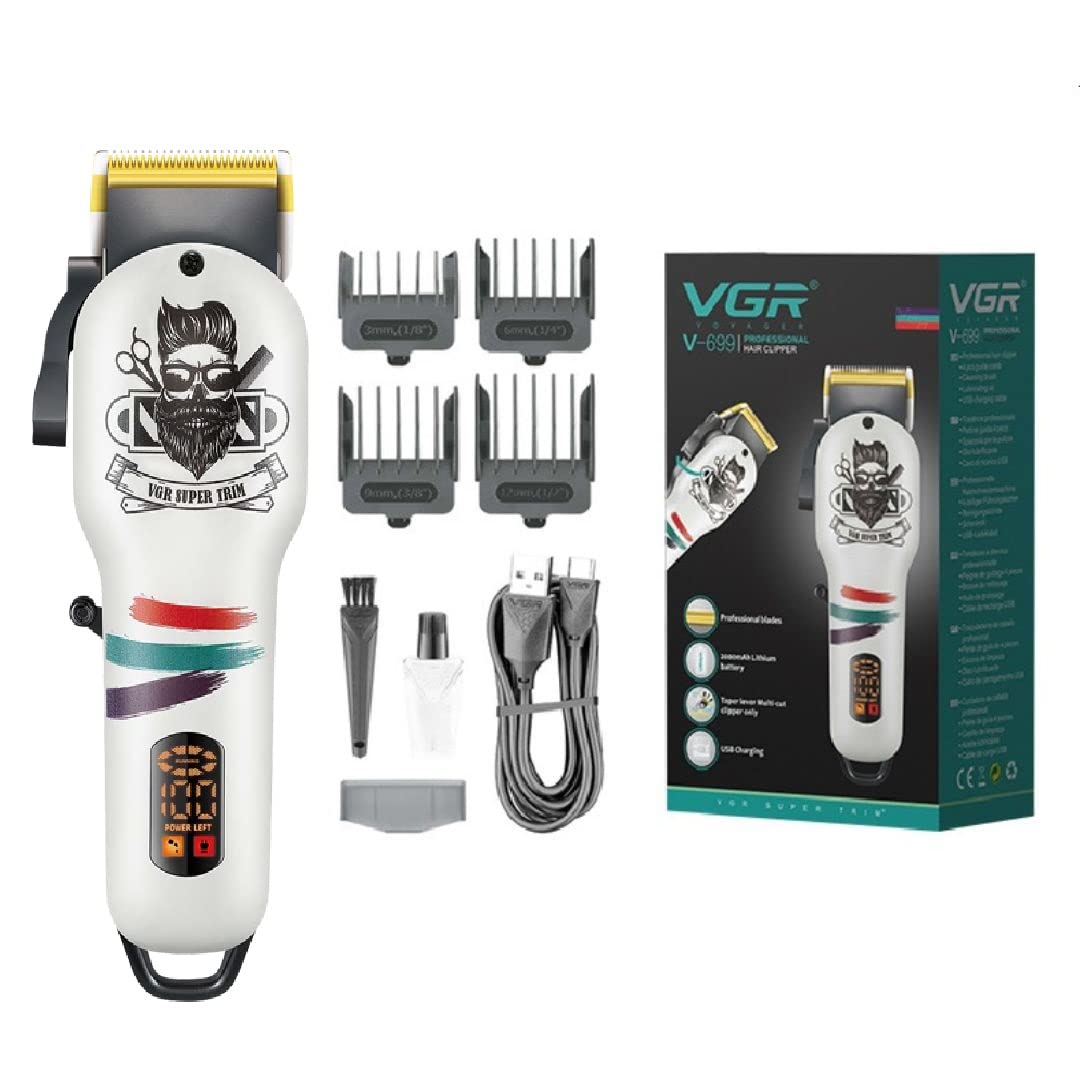 VGR V-699 Salon Series Professional Digital Display Cordless Hair Clipper with Taper Lever Hair Cutter Kit Grooming Set Li-ion Battery 2000mAh 180 minutes with USB charging with Hanging loop - White