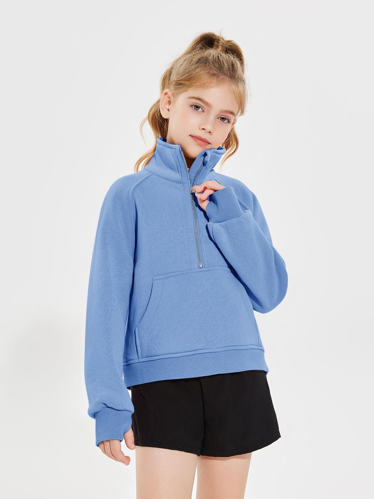 Haloumoning Sudadera corta de forro polar con media cremallera para niñas | Sudadera con agujero para el pulgar, manga larga, para niños, adolescentes, ajuste holgado, bolsillos canguro