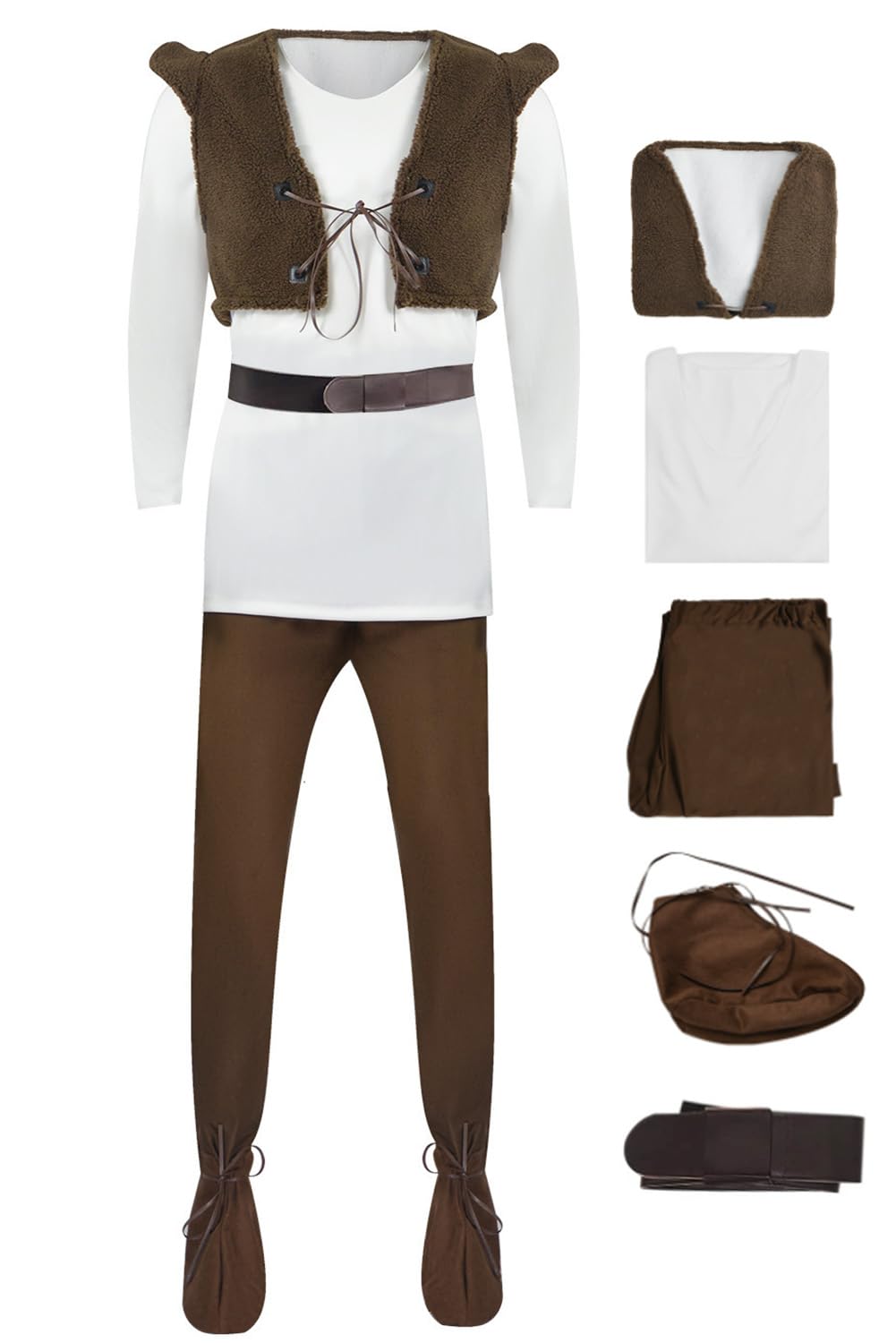 Daynofu Men's Green Ogre Costume Vest Shirt Pants Belt Shoe Covers Full Outfit Adult Halloween Cosplay Set (White, XX-Large)