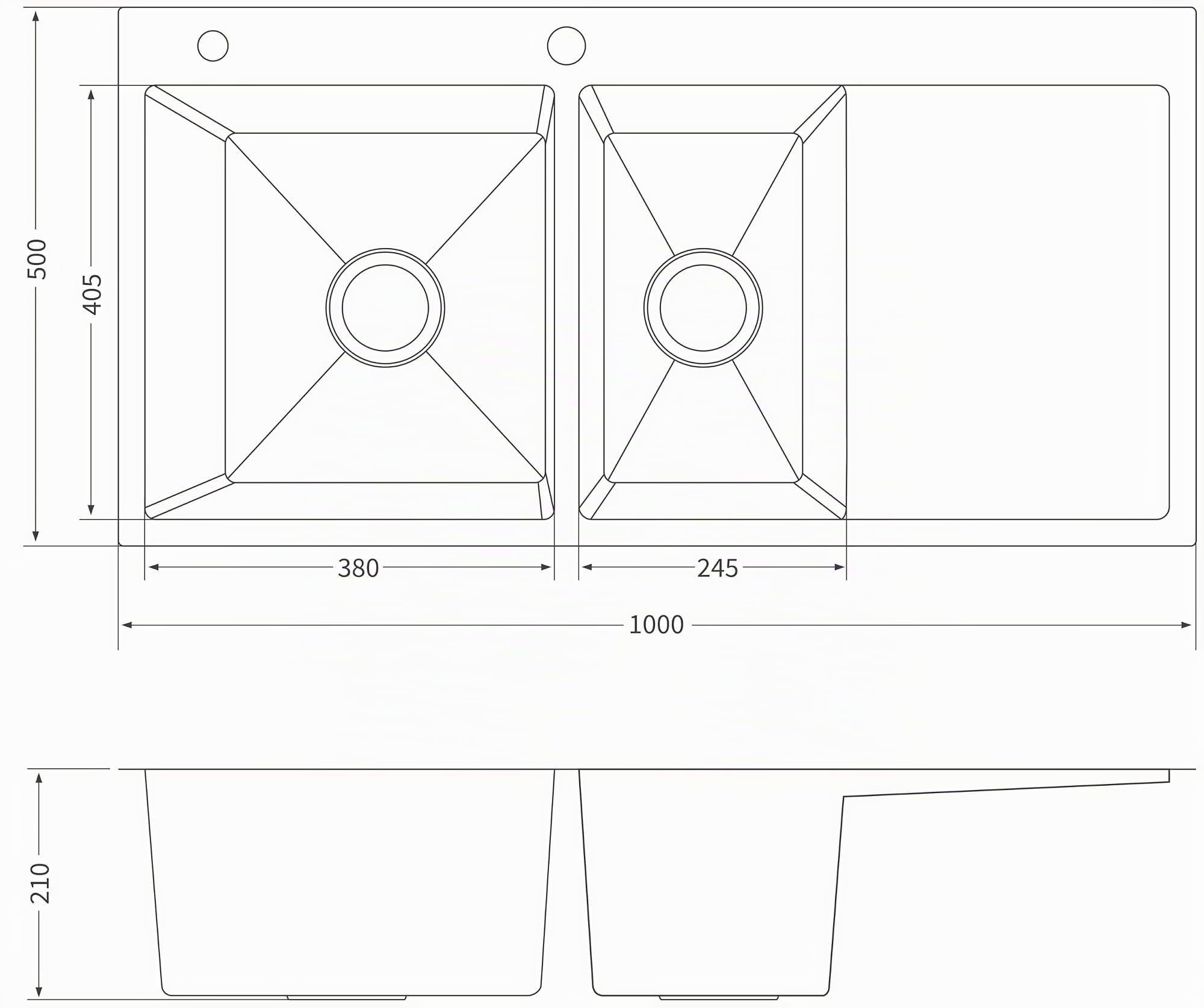 100 x 50 x 21, lavello da cucina, acciaio inox 304, spessore del materiale: 0,8 mm, lavello, lavello da incasso, rettangolare, 2 vasche troppopieno, scolapiatti, nero