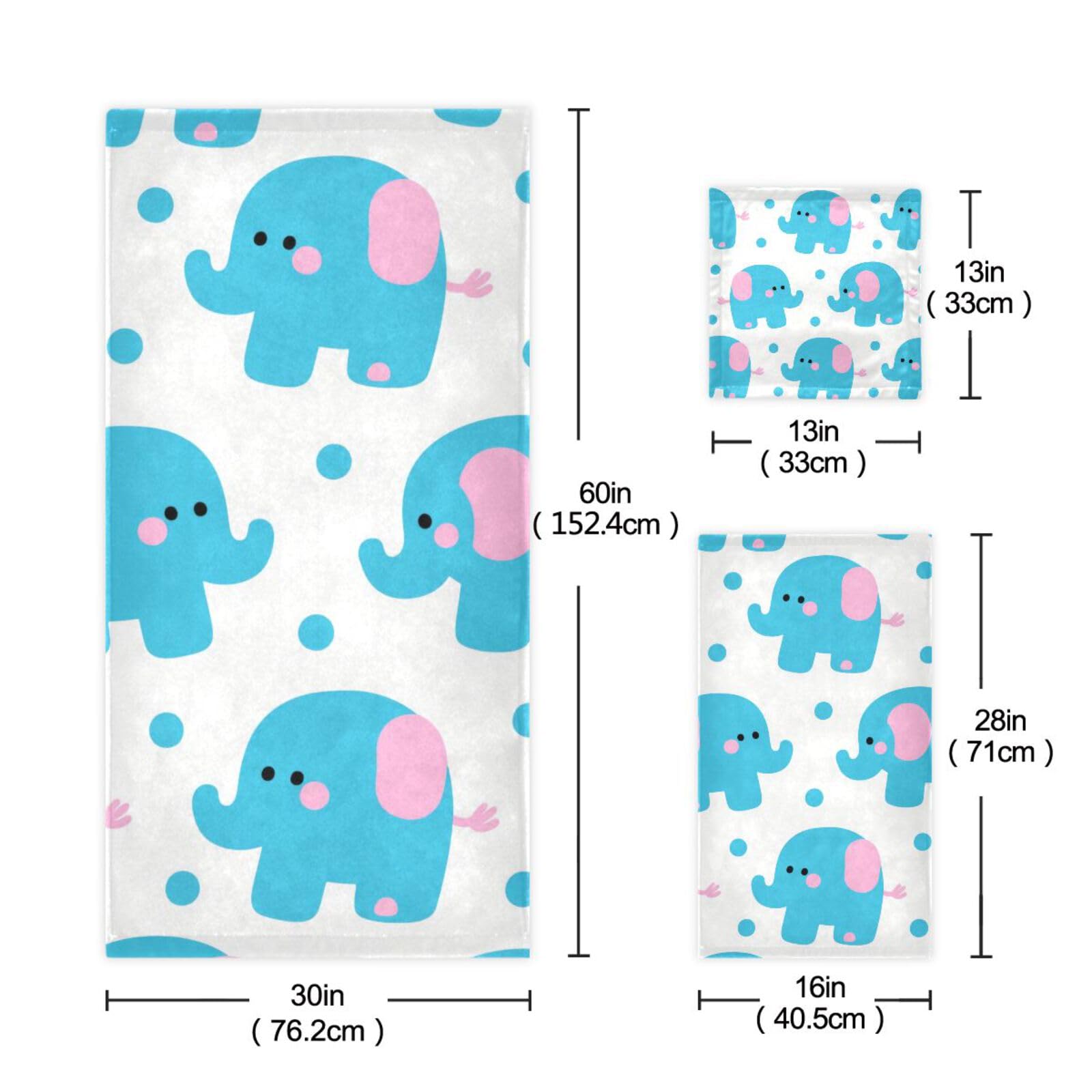 Set di 3 asciugamani morbidi per il viso con elefanti blu in stile cartone animato, 1 asciugamano da bagno, 1 asciugamano per le mani, 1 panno per la casa, cucina e famiglia