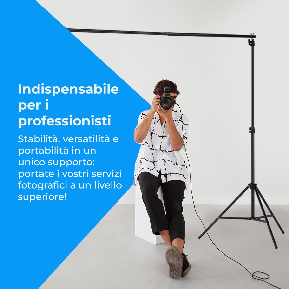 Supporto per fondale fotografico professionale NK 2 x 3 metri, regolabile e retrattile, 2x treppiede, 1x barra trasversale interconnessa, 6x mollette, 4x fascette laterali in velcro, 1x borsa