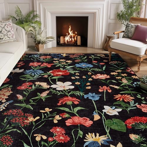 GarveeHome 8x10 Area Rug for Living Room, Floral Washable Rugs Low Pile, Soft Non Slip Vintage Carpet for Bedroom, Kitchen, Dining Room, Office, Black