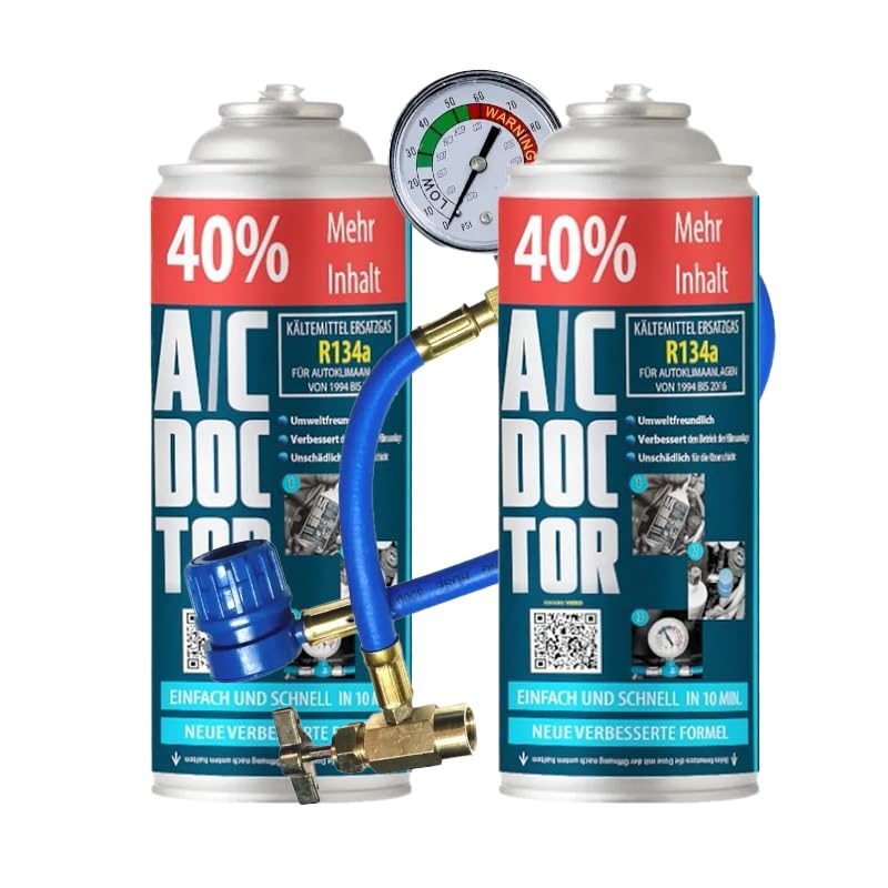 A/C Doctor Klimagas Nachfüllset, R-134a Ersatz, 2 x Dosen mit Füllschlauch und Manometer, für Fahrzeuge 1995-2016