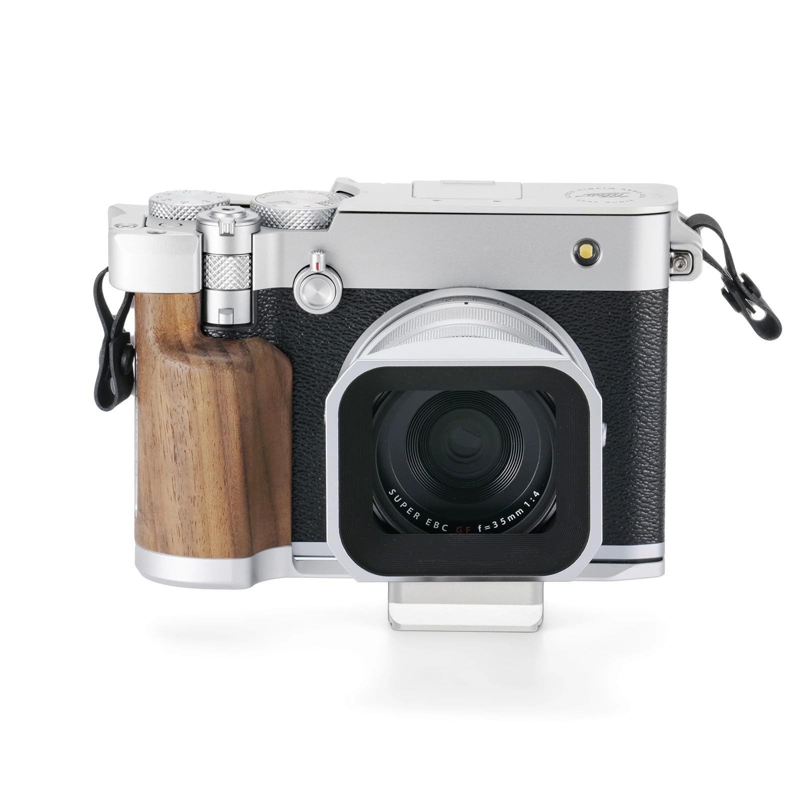 Tilta GFX100RF Cage, gabbia per fotocamera vintage compatibile con il kit da viaggio GFX100RF con piastra Hot Shoe, Adattatore ARCA e base di montaggio con impugnatura in legno - Argento TA-T81-B-S