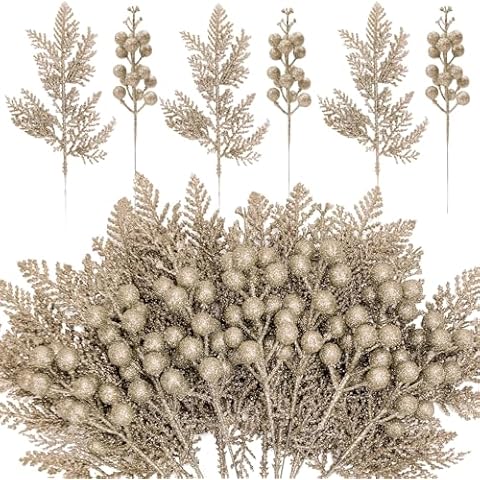 SPWOLFRT 24 Pieces Christmas Tree Decorations - 12pcs Artificial Glitter Berries Stems and 12pcs Glitter Cedar Leaves for Christmas Tree Decor Wreath Making Vase Filler DIY Crafts (Champagne) Cover