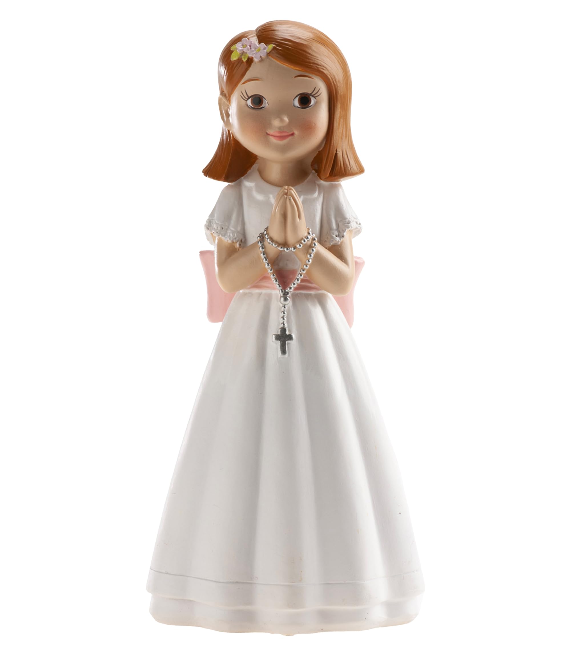 dekora – Cake topper comunione bambina con rosario e fiocco rosa 16 cm, Figura decorativa per torte di Prima Comunione - 1