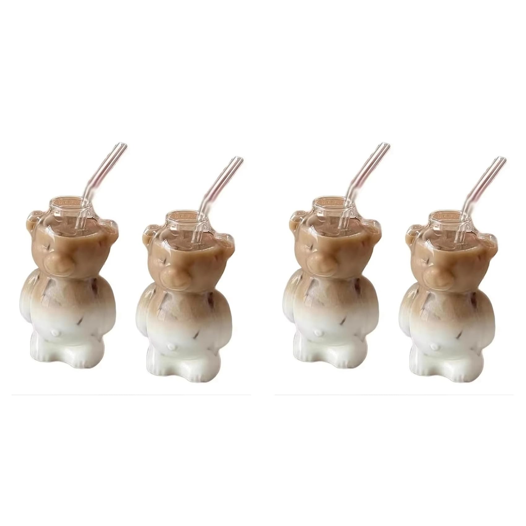 Hndhbfgrt 4x 320ML Cartoon Bear Shaped Coffee Mug Cute Bear Mug Glass Cup with Straw Transparent Innovative Milk Coffee Water Cups