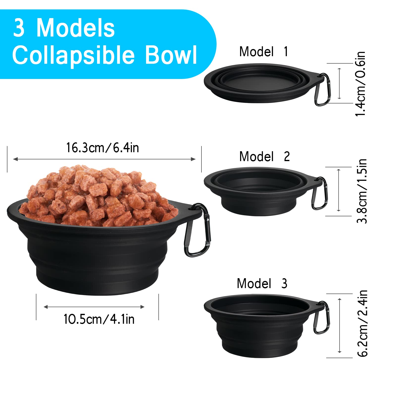 PetBonus Ciotole Pieghevole per Cani da Viaggio in Silicone, Ciotola da Viaggio Portatile con Moschettone, Piatto per Cibo e Acqua per Cani e Gatti, Lavabili in Lavastoviglie