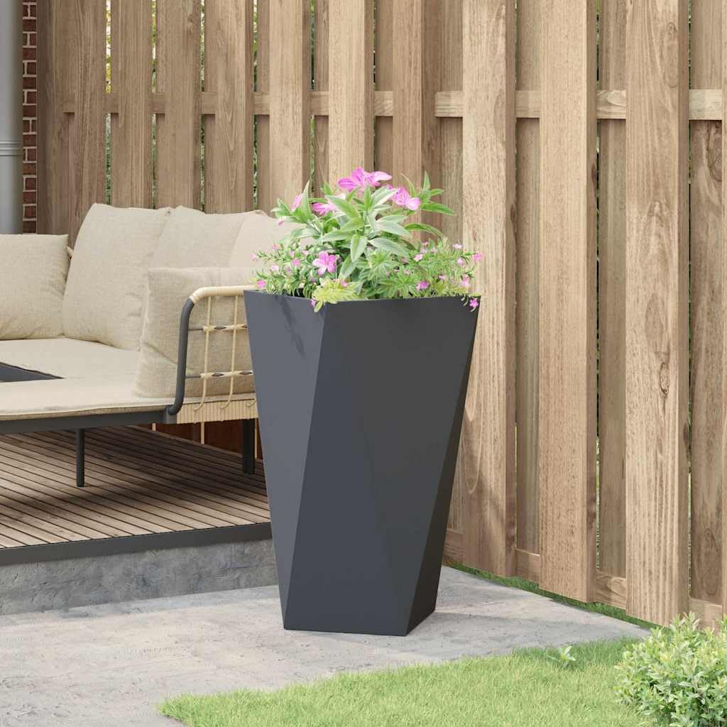 Jardinera de acero antracita, 40 x 40 x 75 cm, rectangular, de acero para exteriores, moderna jardinera con lados ondulados y base integrada para estabilidad