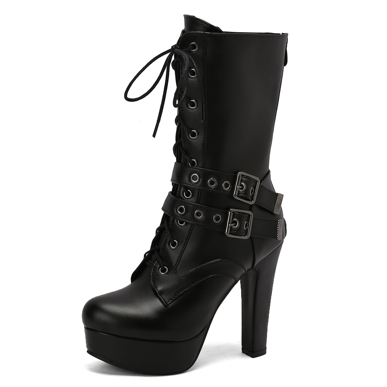 Black Plateforme Bottes Mid Calf pour femme Hauts Talons Bloc