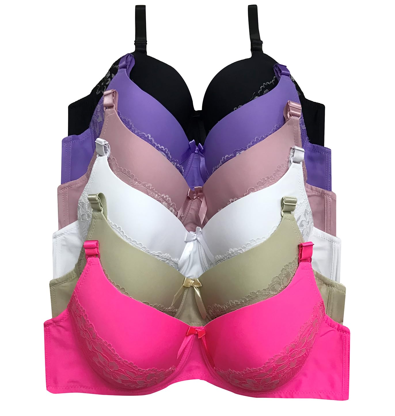 Viola's Secret 6 Pack of Color Print T-Shirt Bras B Cup C Cup and D Cup
