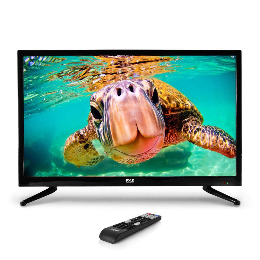 Pyle PTVLED32 32-inch LED TV with attached stands and remote control
