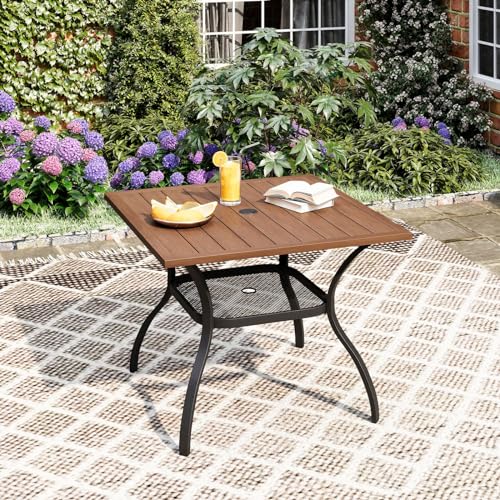 DIFY-Outdoor-Dining-Table-Patio-Square-Metal-Dining-Table-with-157-Umbrella-Hole-for-4-Person-Ideal-for-Poolside-Deck-Garden-and-Balcony-Walnut DIFY Outdoor Dining Table Patio Square Metal Dining Table with 157 Umbrella Hole for 4 Person Ideal for Poolside Deck Garden and Balcony Walnut