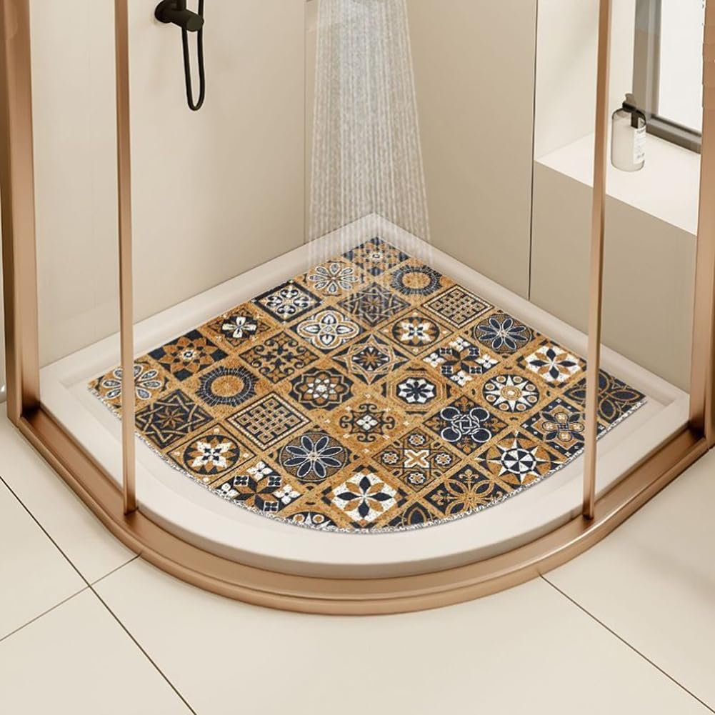 Shijhui Brown Corner Shower Mat For Inside Shower, Non-Slip Curved Quadrant Bath Mat Anti-Mould Sector Loofah With Drain (, 75X75cm)