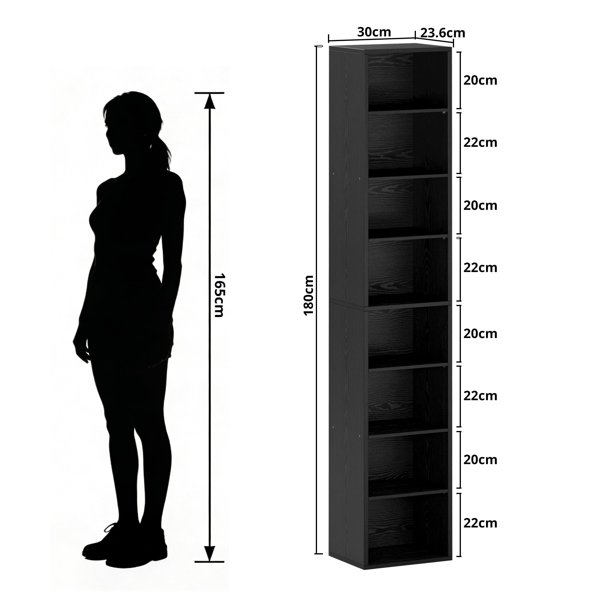 IRONCK Bücherregal Schwarz, Schmales Regal, 8-stöckiges 23.6 x 30 x 180cm | Würfelregal mit 8 Ebenen, Aufbewahrungsregal, Präsentationsregal, offenes Regal, für Wohnzimmer Home Office Schlafzimmer