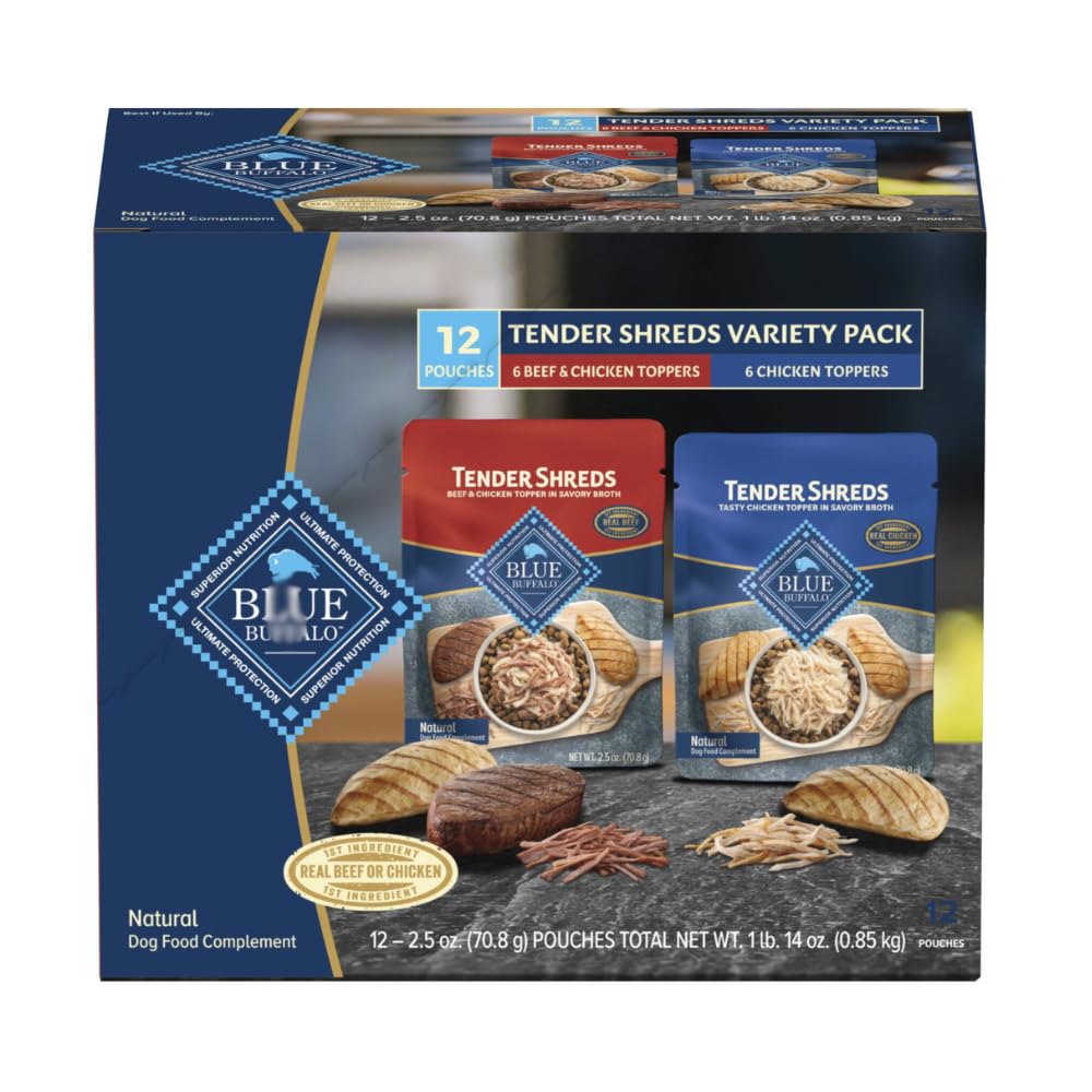 Tender Shreds Toppers, Natural Dog Food, 2.5-oz. Pouch, 12-Count Variety Pack - Tender Shreds are Perfectly Portioned Dog Food Toppers in Easy-to-Open Pouches