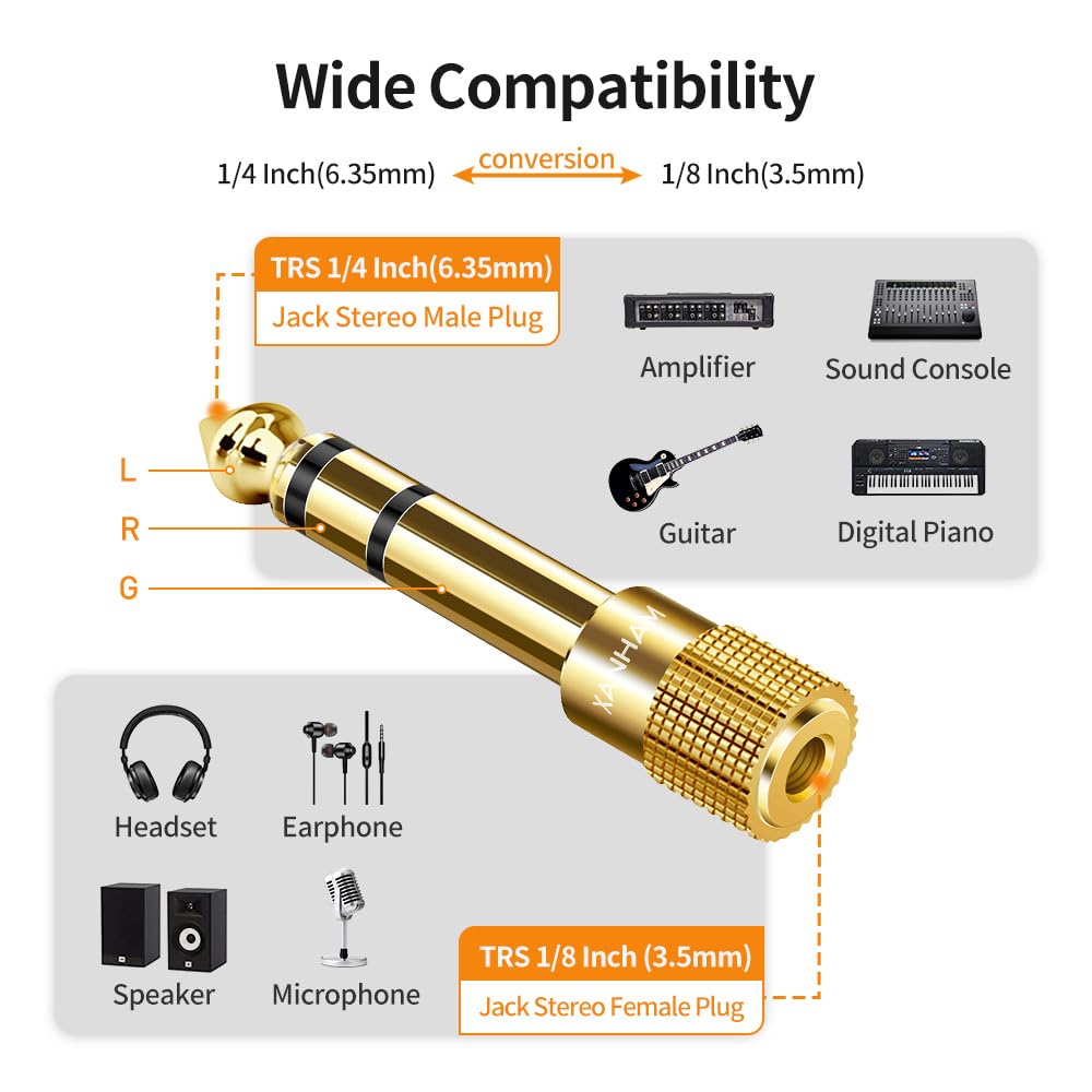 1/4 cala 6,35 mm męski na 1/8 cala 3,5 mm żeński TRS Stereo Audio Jack ćwierć cala do słuchawek Aux adapter do kabla Aux, wzmacniacza gitarowego, głośnika itp. (2 sztuki)
