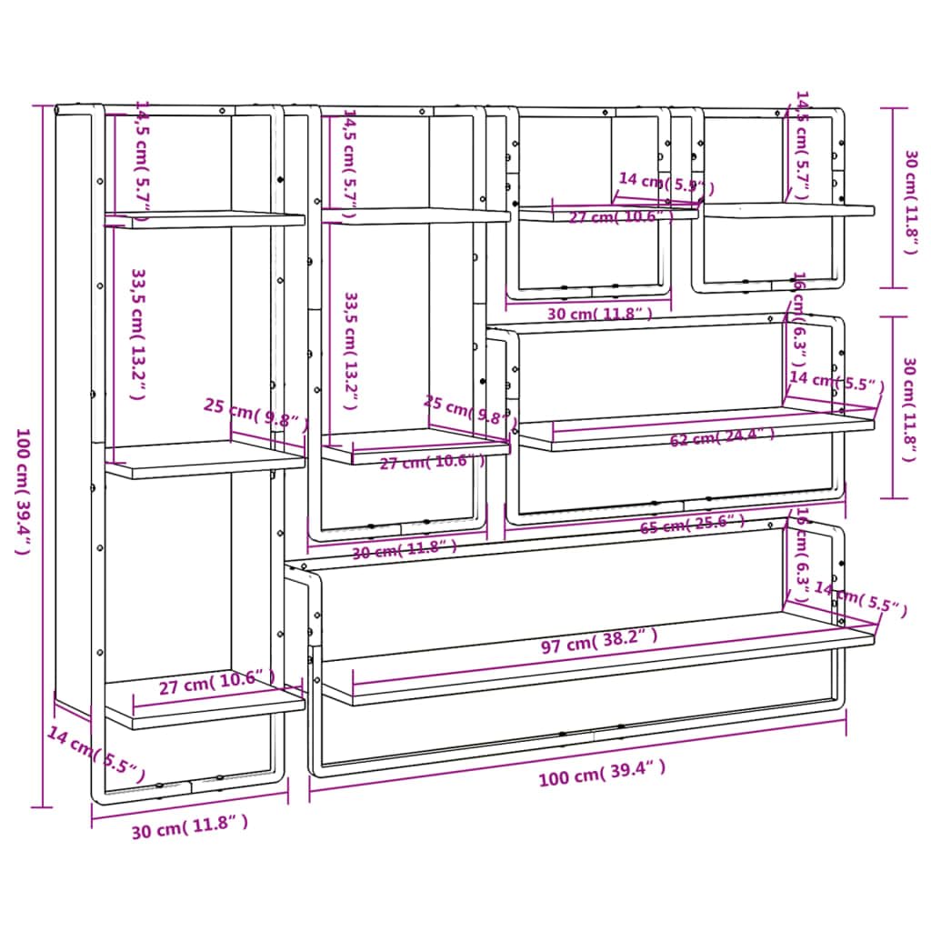 Set di 6 mensole da parete sospese con aste in metallo, legno di rovere affumicato, dimensioni per scaffale da 30 x 25 x 65 a 65 x 100 x 30 cm, per cucina, bagno, corridoio, ufficio