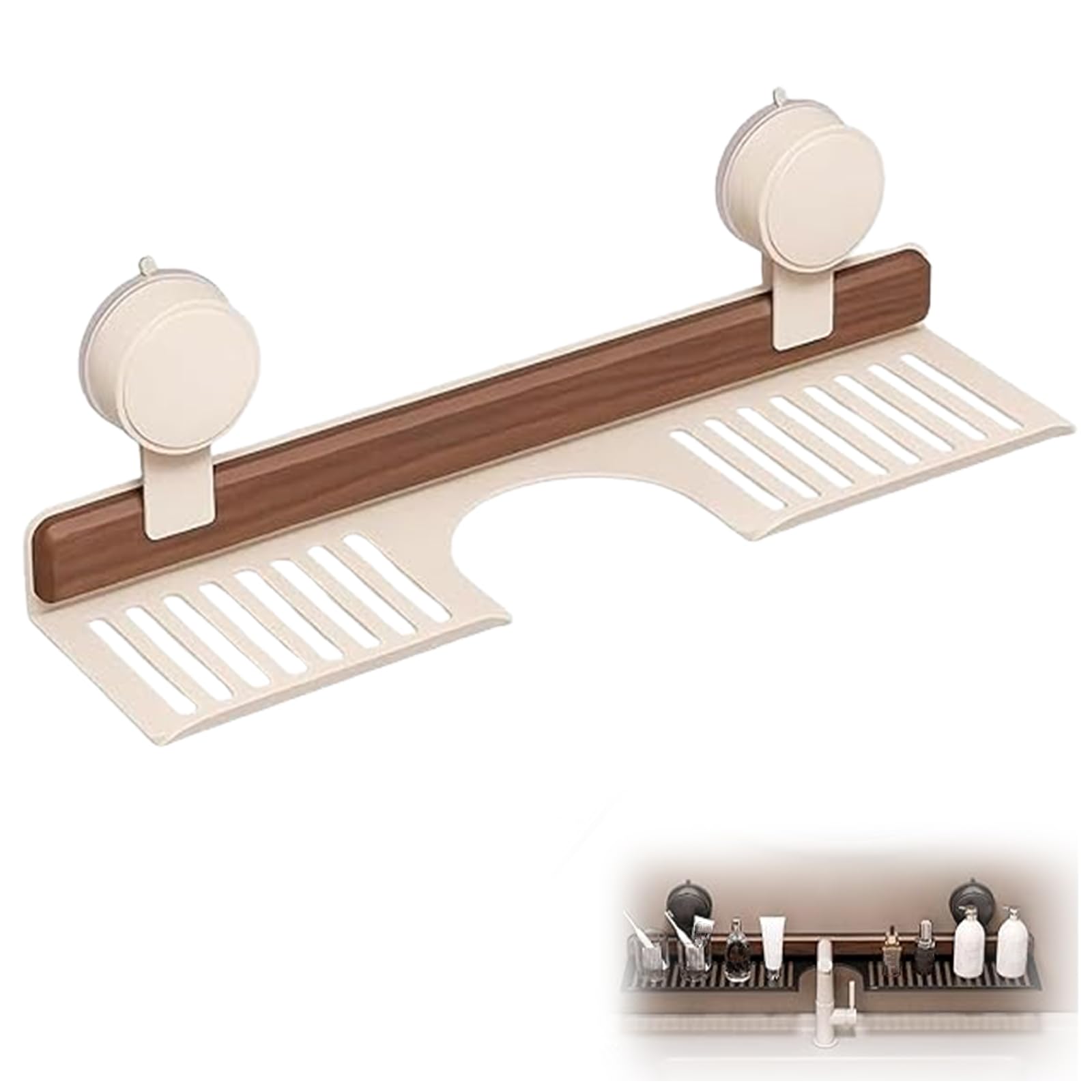 FCXWEVR Walnut Bathroom Shelf Organizer2025 New Faucet Shelf for Bathroom Dorm Room Kitchen Countertop (Walnut Cream 60cm/23.6in) SpaceSaving Storage Solution