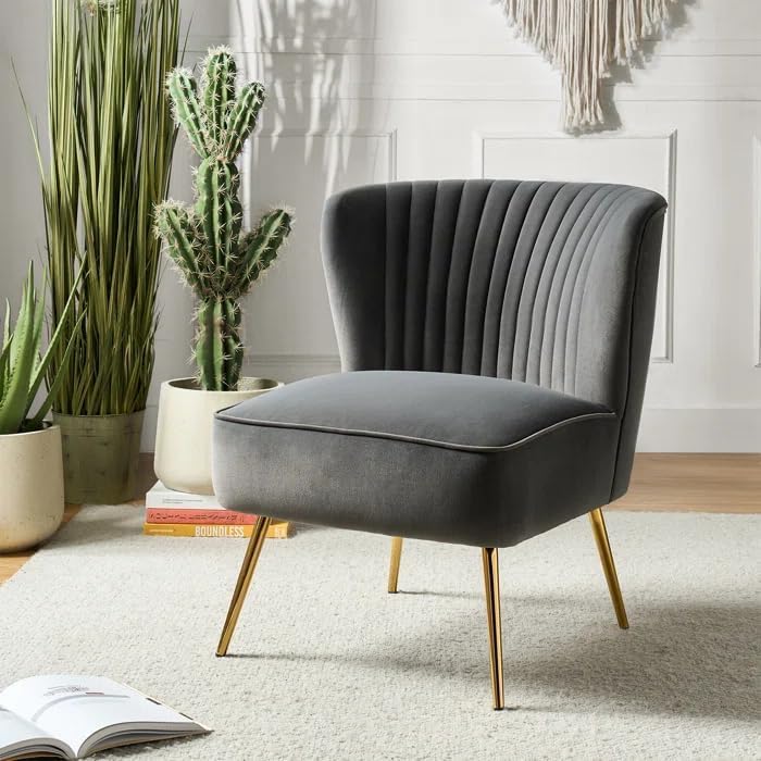 Image of Modern Upholstered Accent Velvet Chair Single Seater Channel Tufted Wing Back Chair with Golden Matel Legs for Living Room, Bedroom, Dining Room, Grey