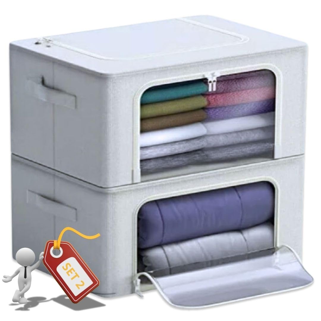 Cajas Almacenaje para ropa, Juego de 2 unidades, tela Oxford impermeable y Marco de metal | Organizador de armario apilable | Cajas organizadoras con Asas laterales | Bolsas para guardar ropa