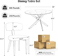 Vista 2 de Small Dining Table Set for 4, 36" Round Kitchen Table with 4 Teddy Boucle Dining Chairs, Tempered Glass Top with Metal Legs(White&Silver)