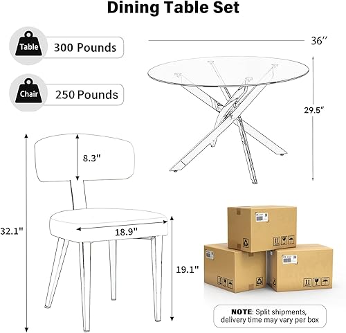 Miniatura 2 de Juego de mesa de comedor pequeña para 4, mesa de cocina redonda de 36 pulgadas con 4 sillas de comedor Teddy Boucle, parte superior de vidrio Todo