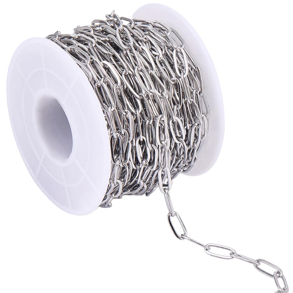 BEAMARKER 32.8 Feet/10M Silver Paperclip Chains Stainless Steel 4.2mm Width Soldered Oval Link Cable Chains Roll Bulk with Spool for DIY Women Jewelry Making Supplies Necklace Bracelet Crafts