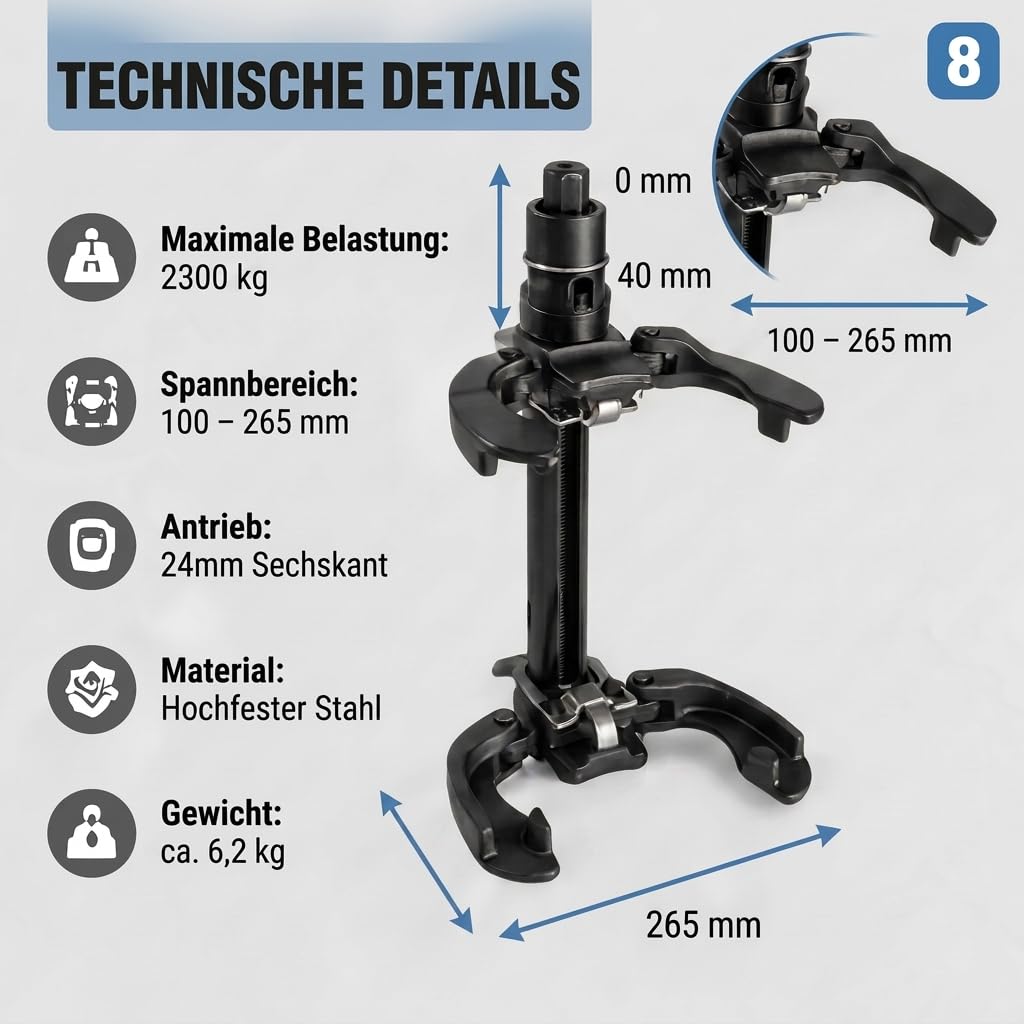 Juego de tensores de muelles de seguridad profesional para amortiguadores de coche y suspensión – tensor de suspensión universal McPherson 2300 kg – Herramienta especial para montaje de